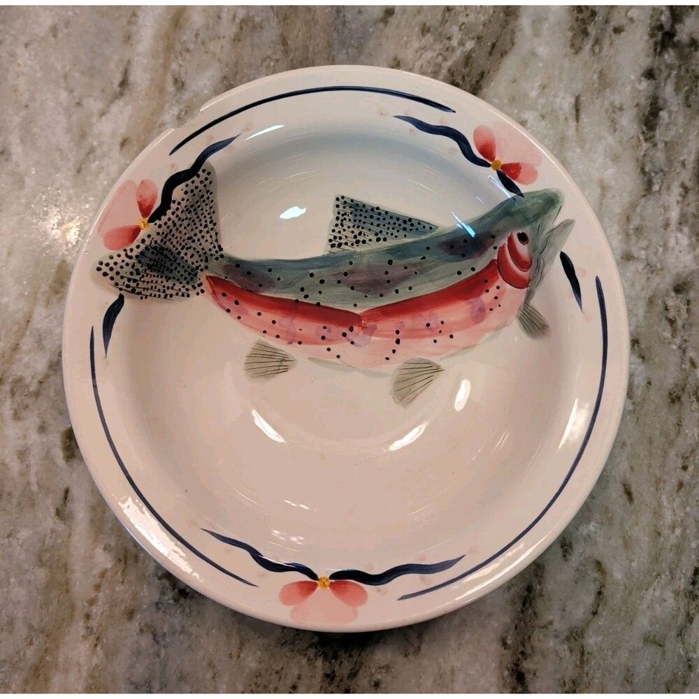 VINTAGE SARAH PETERSON RAINBOW TROUT SERVING BOWL 9” SIGNED CARLISLE HARTSTONE